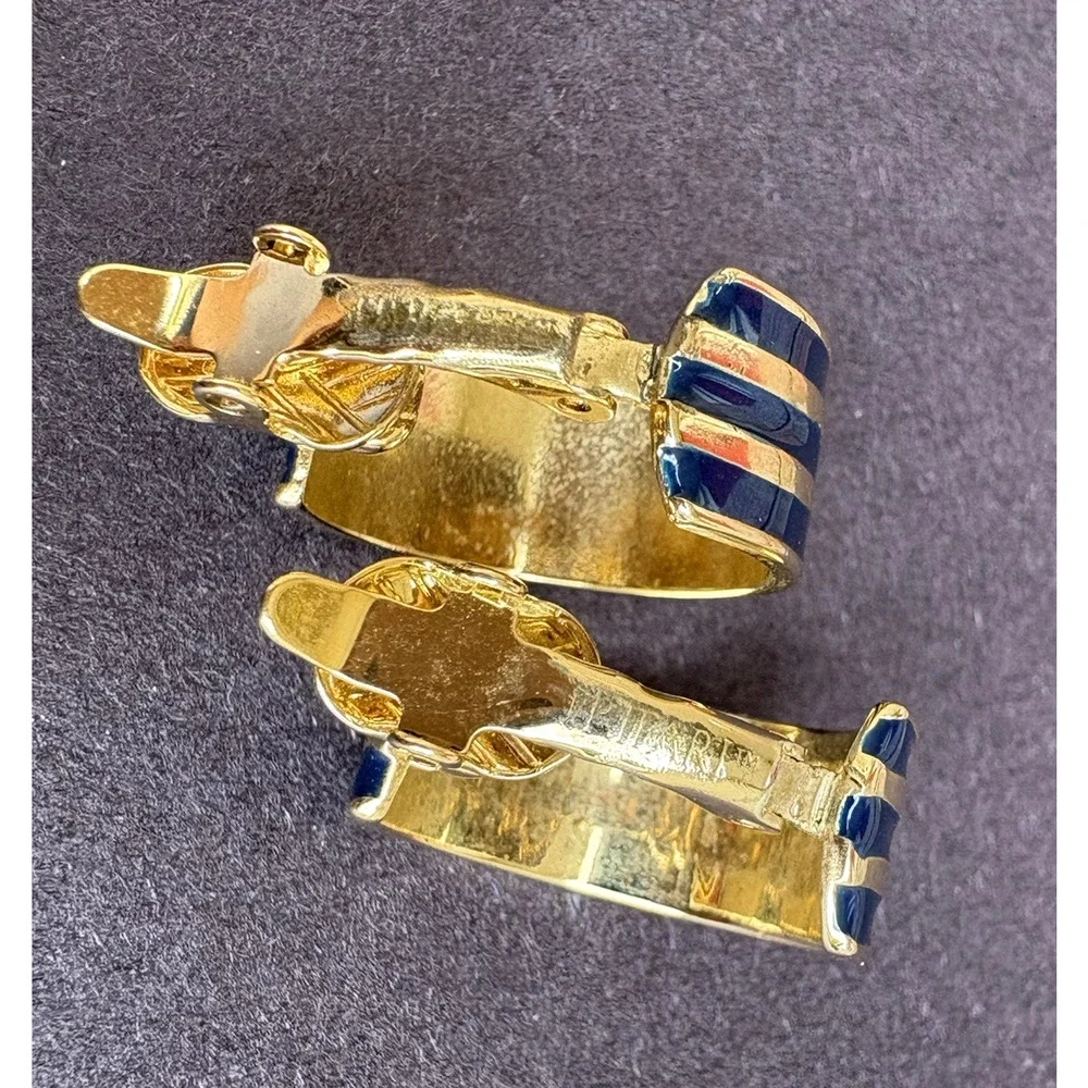 Vintage Trifari Navy‎ Blue & Gold Tone Stripes Hoop Clip on Earrings